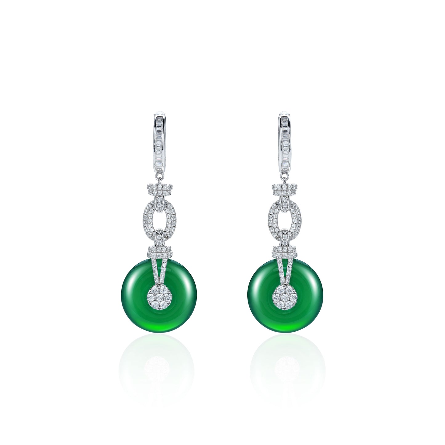 Green jadeite/chalcedony Guanyin-Inlaid Safety Buckle "Ping An Kou" Earrings