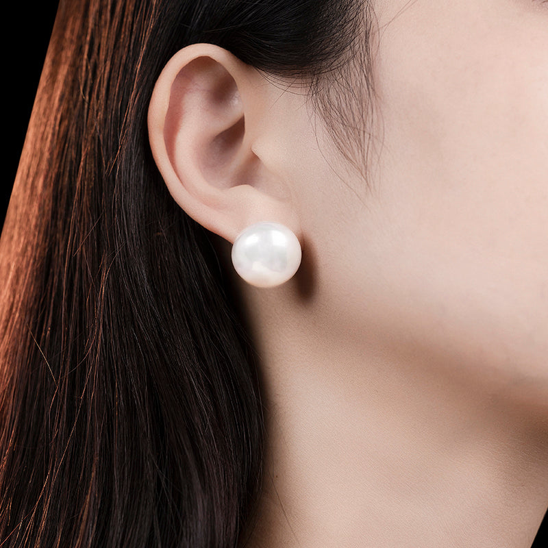 Wedding collection: 20mm White shell pearls ear studs, sterling silver.