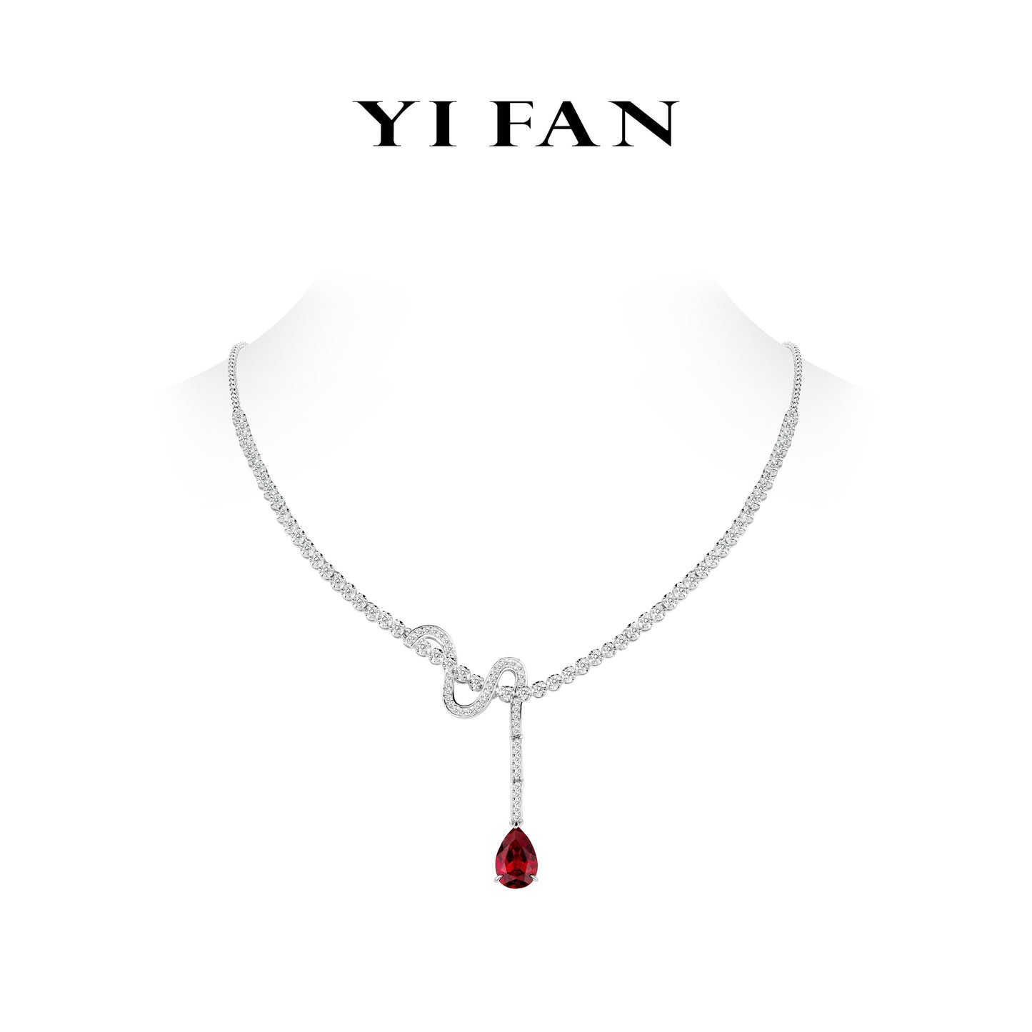 Ruby color collection: Modern "Snake inspiration Red Water-droplet" Y shape Tennis Necklace