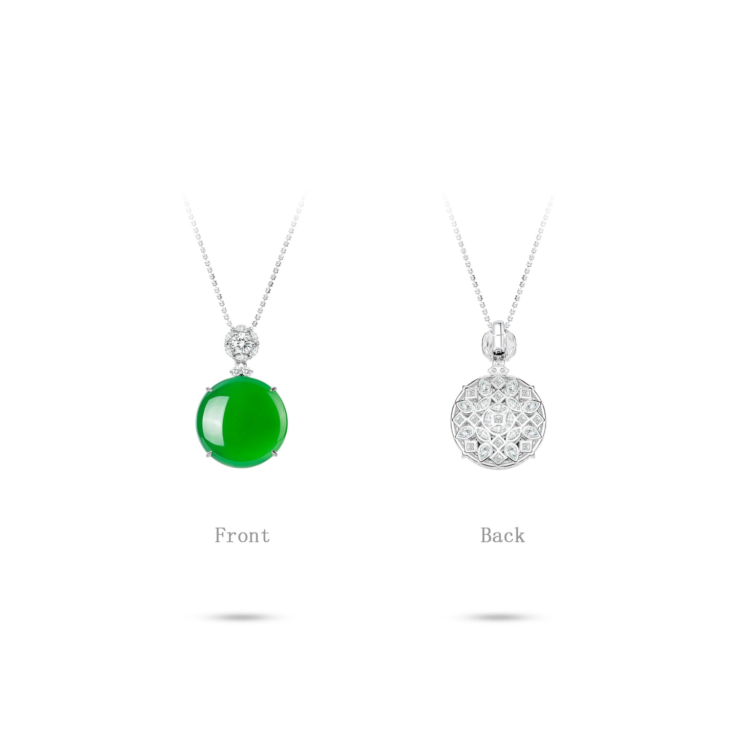 Green jade collection: Modern "Luminous Pearl" detailed Pendant Necklace (2 side to wear)