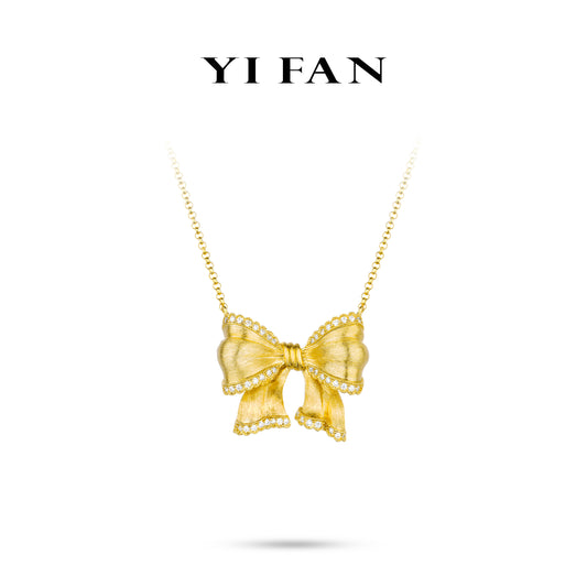 Pre-order Golden time collection: Modern "Brushed Dazzling 3D Bow" detailed Necklace