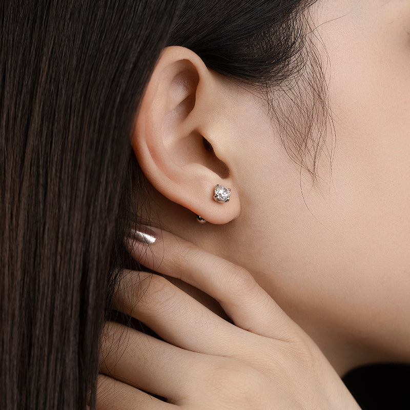 Promotional design Fashionable and Versatile Four-Prong White Diamond color Lab created stones Spiral Ear studs: A Delicate and Timeless Jewelry Piece, sterling silver