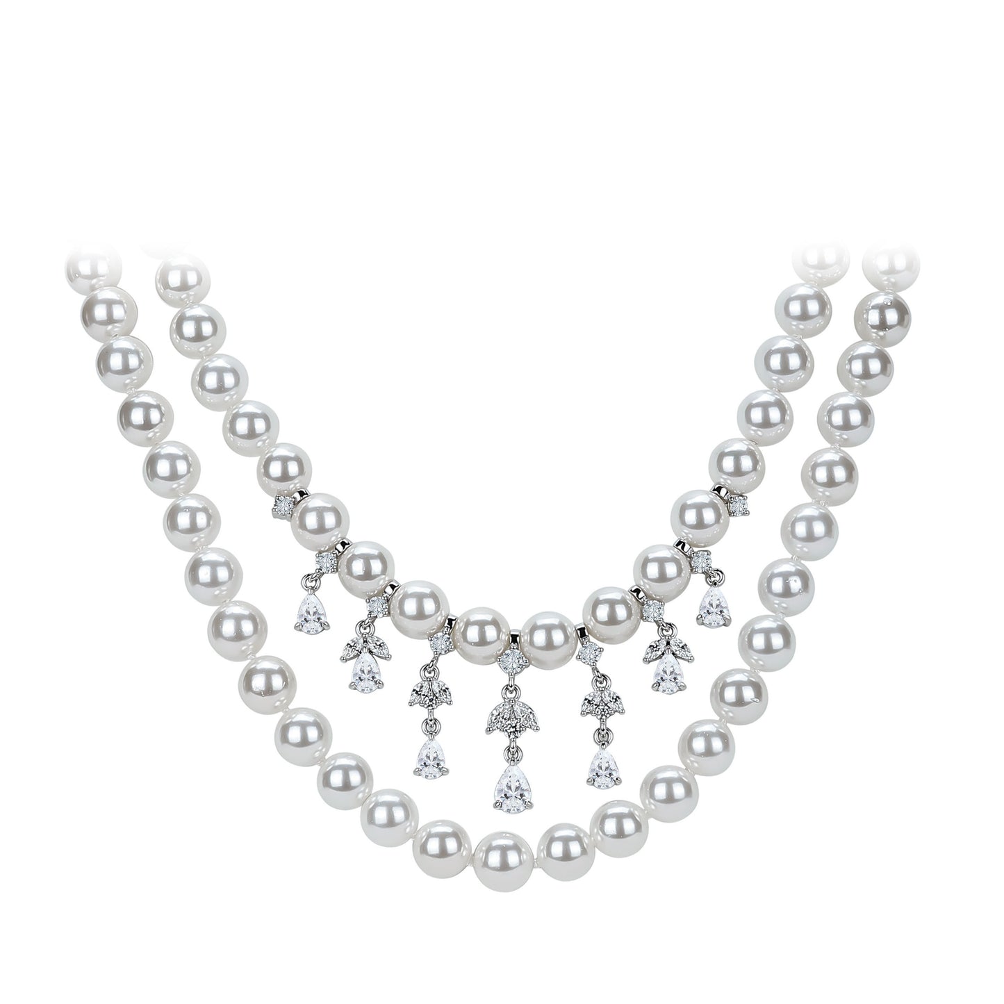 Wedding collection: Multi-Layer Long White Shell-pearls Teardrop Tassel Necklace