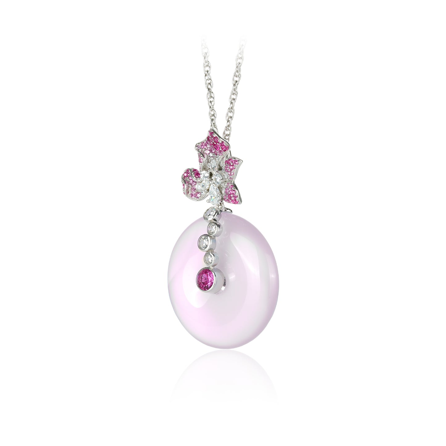 Pinkish purple chalcedony "Three petal flower & Donut" modern necklace