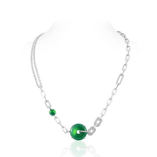 Green jadeite/chalcedony Safety Buckle "Ping An Kou" double stones modern necklace