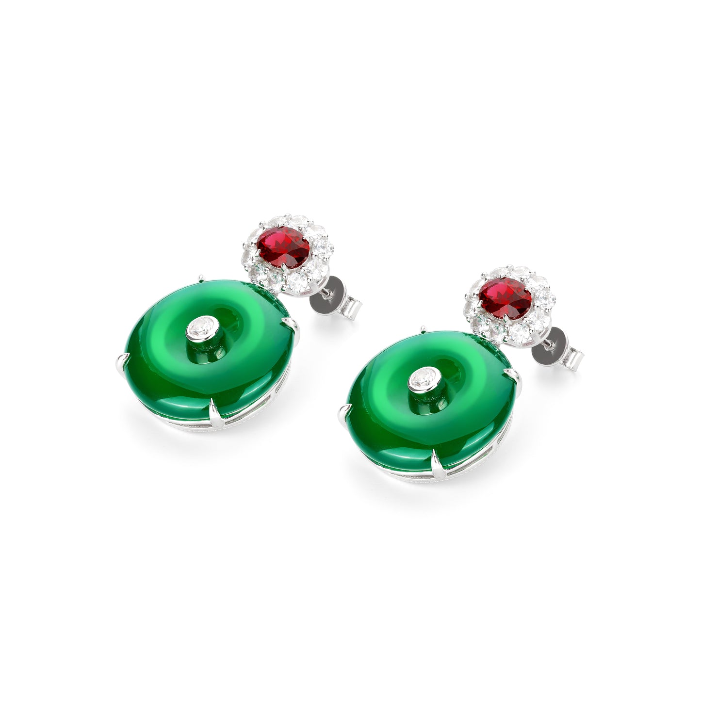 Green chalcedony and Eco-friendly artificial diamonds "Chrismas Donut" earrings