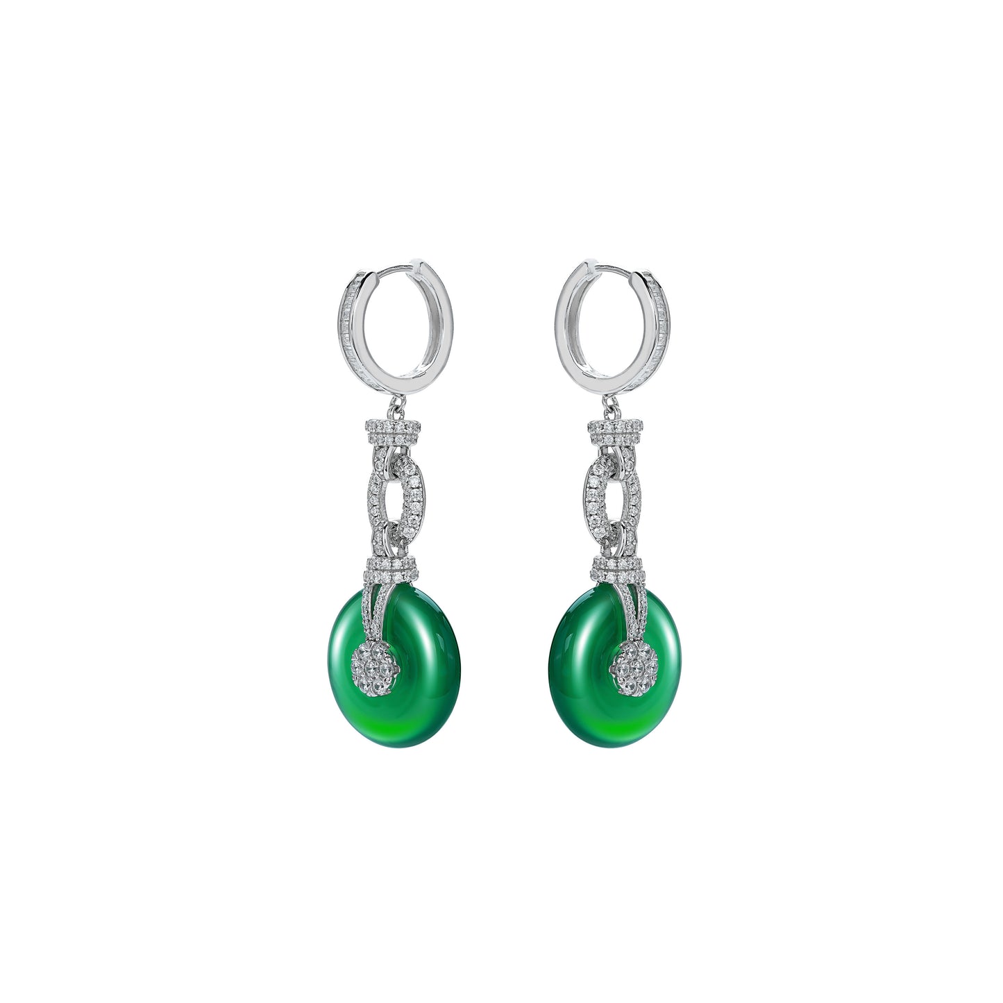 Green jadeite/chalcedony Guanyin-Inlaid Safety Buckle "Ping An Kou" Earrings