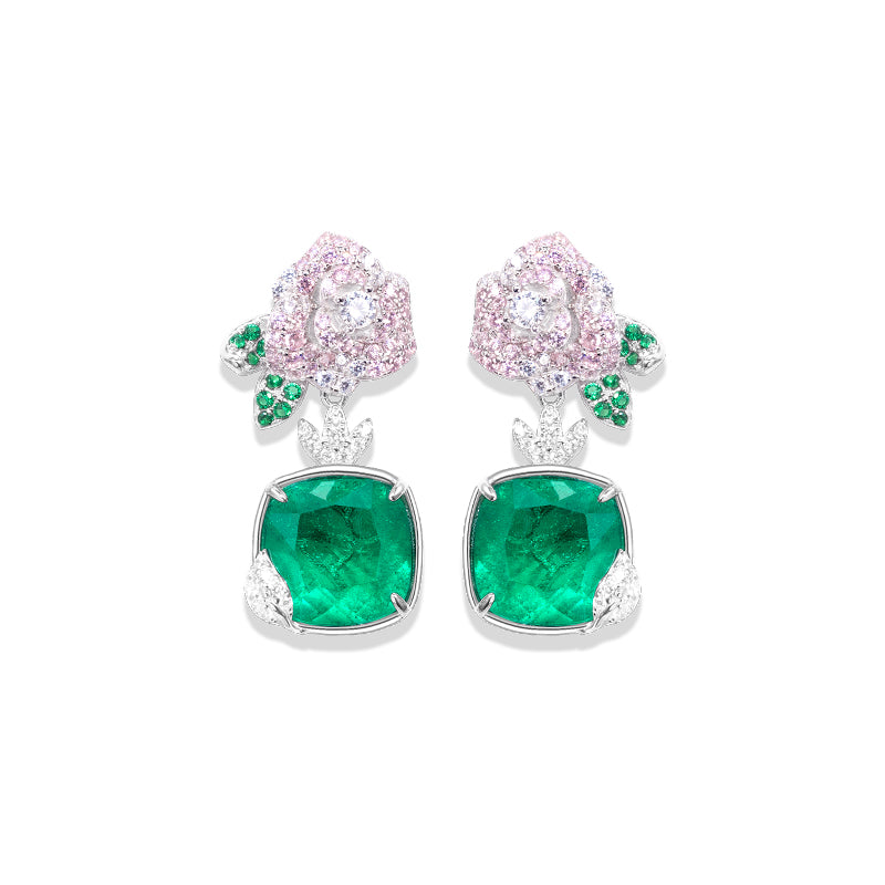 Synthetic Emerald collection: Luxury "The Wizard of Oz Camellia" detailed Earrings