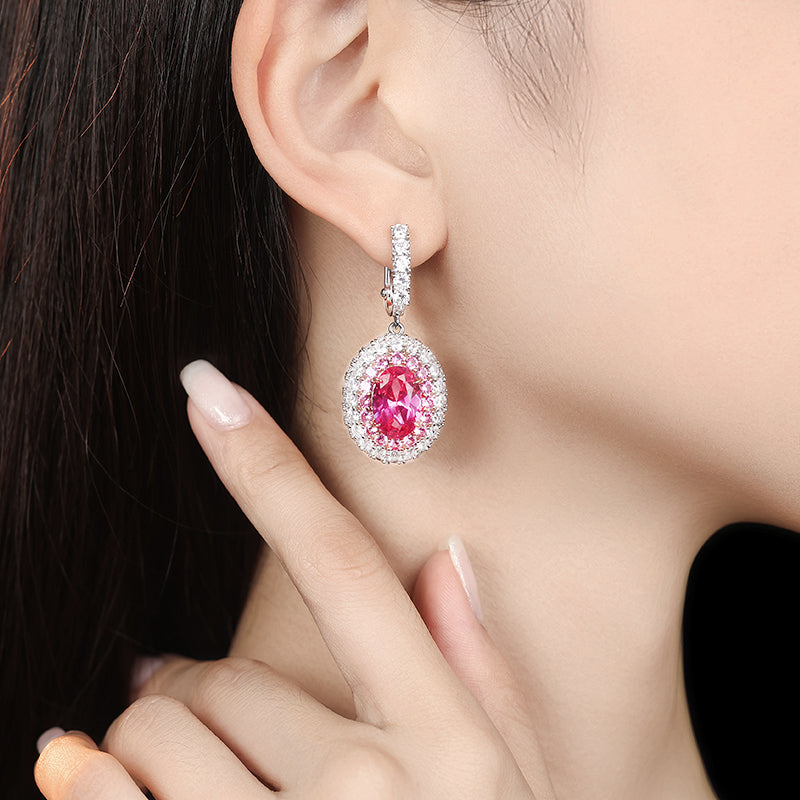 Micro-setting dark oval Pink diamond color Lab created stones Romantic Luxury dangle plug earrings, sterling silver