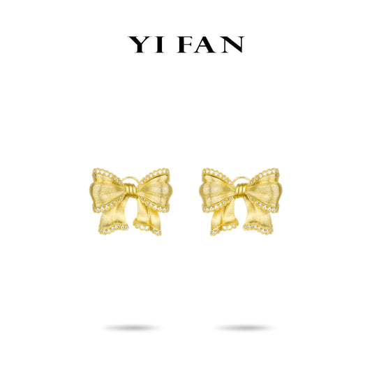 Pre-order Golden time collection: Modern "Brushed Dazzling 3D Bow" detailed Earrings