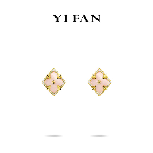 Golden time collection: Modern "Pink Mother-of-Pearl carved 4-petal Flowers" detailed Earrings