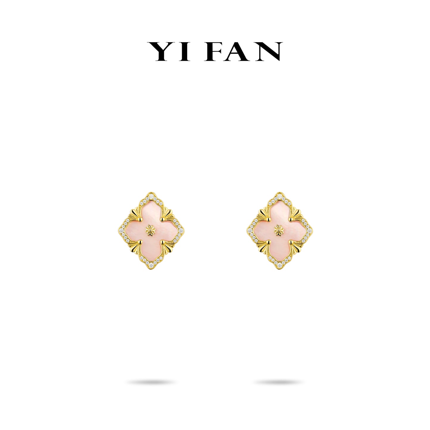 Golden time collection: Modern "Pink Mother-of-Pearl carved 4-petal Flowers" detailed Earrings