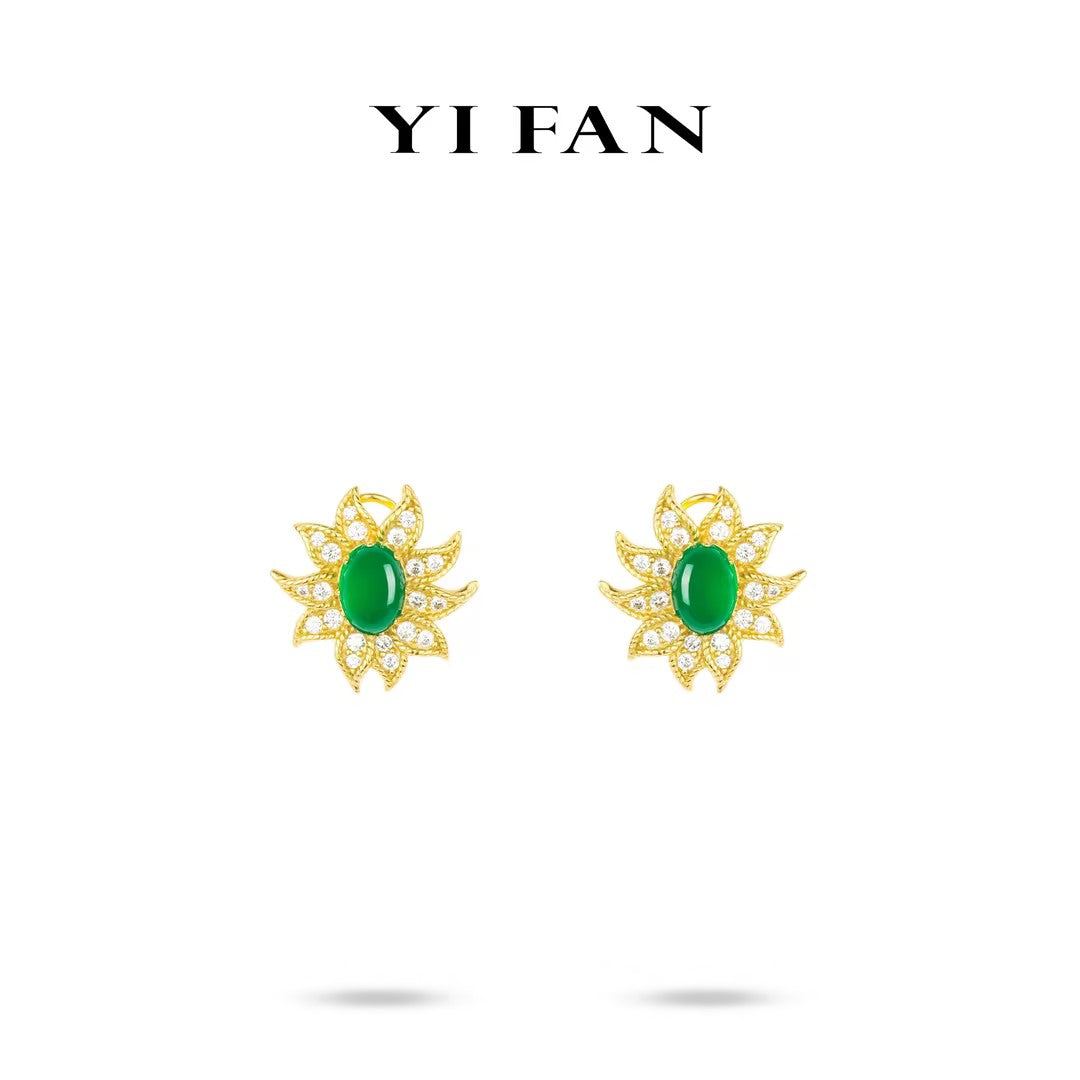 Welfare Exclusive Green jade collection: "Golden Sunflower" detailed Ear Studs