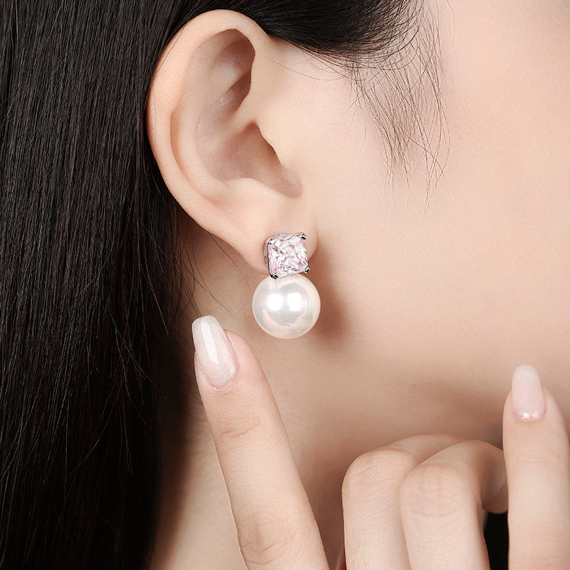 Micro-setting Pink diamond color Lab created stones White shell Pearl earrings, sterling silver