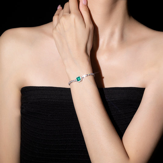 Promotional design：Emerald color Lab created stones Square tennis chain bracelet, sterling silver