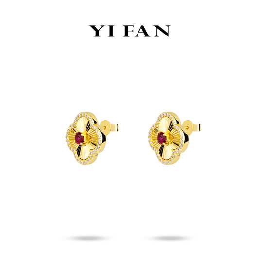 Ruby Color collection: Modern "Golden engraved Lucky Clovers" detailed CNC Ear Studs