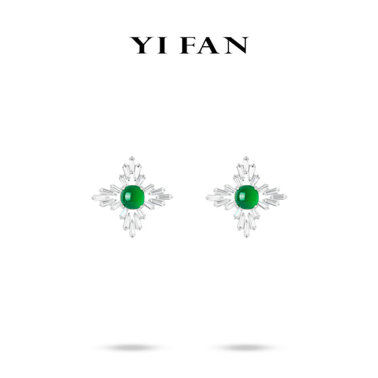 Green jade collection: Modern "Trapezoid Green elf Snowflake" detailed Ear Studs