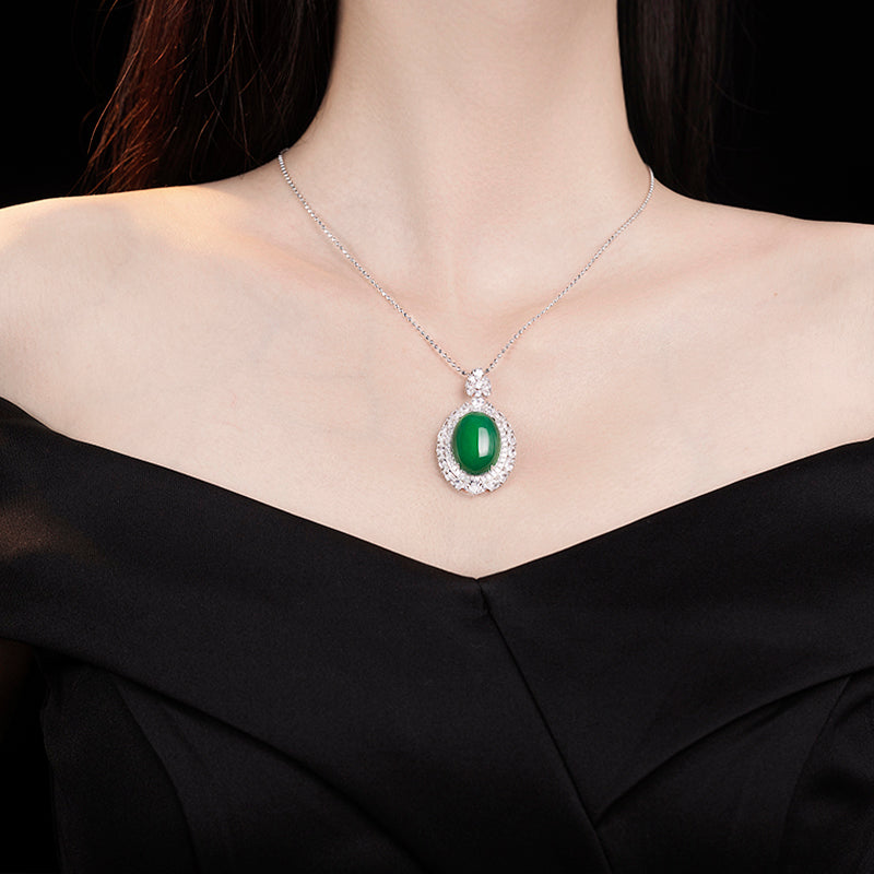 Micro-setting Jade color made from agate detailed pigeon egg pendant, sterling silver