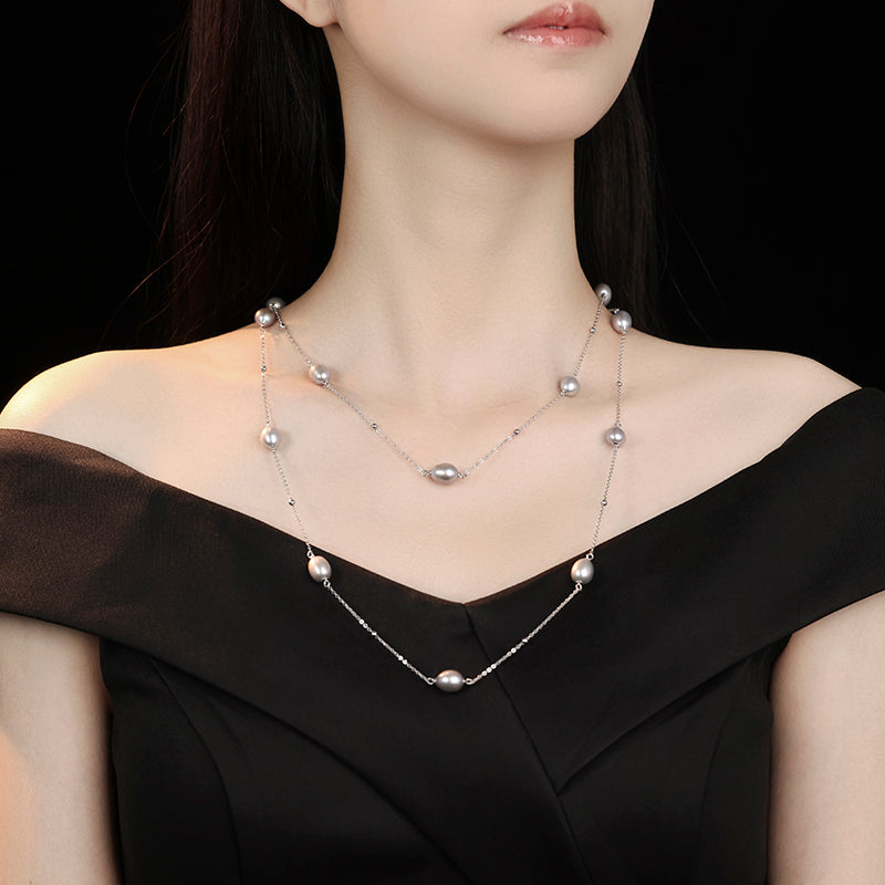 Promotional design Multi-purpose natural Grey freshwater pearls multi-layer fashionable necklace, sterling silver.