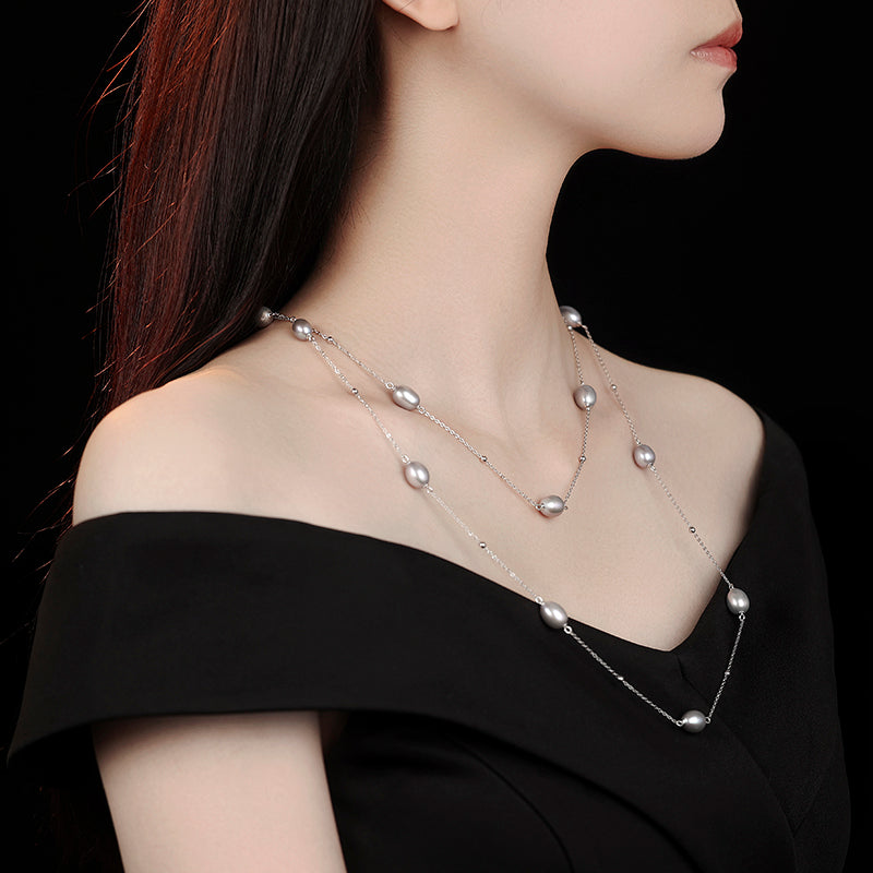 Promotional design Multi-purpose natural Grey freshwater pearls multi-layer fashionable necklace, sterling silver.