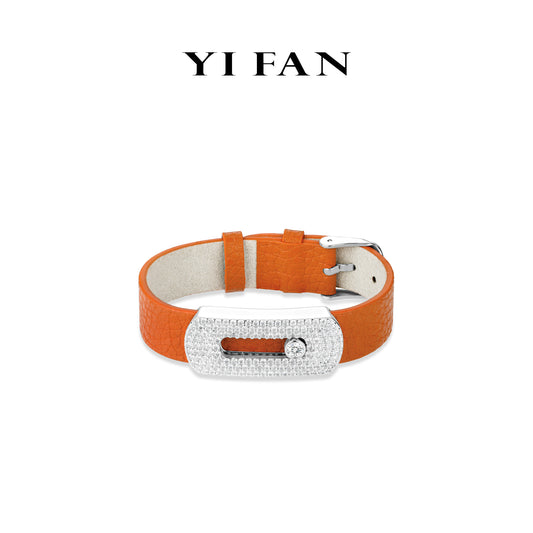 High Jewelry collection: Modern "Orange Leather Belt Slidable" detailed wide Wristband/Bracelet (Unisex)