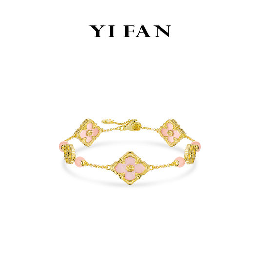 Golden time collection: Modern "Pink Mother-of-Pearl carved 4-petal Flowers" detailed Bracelet (with extension)