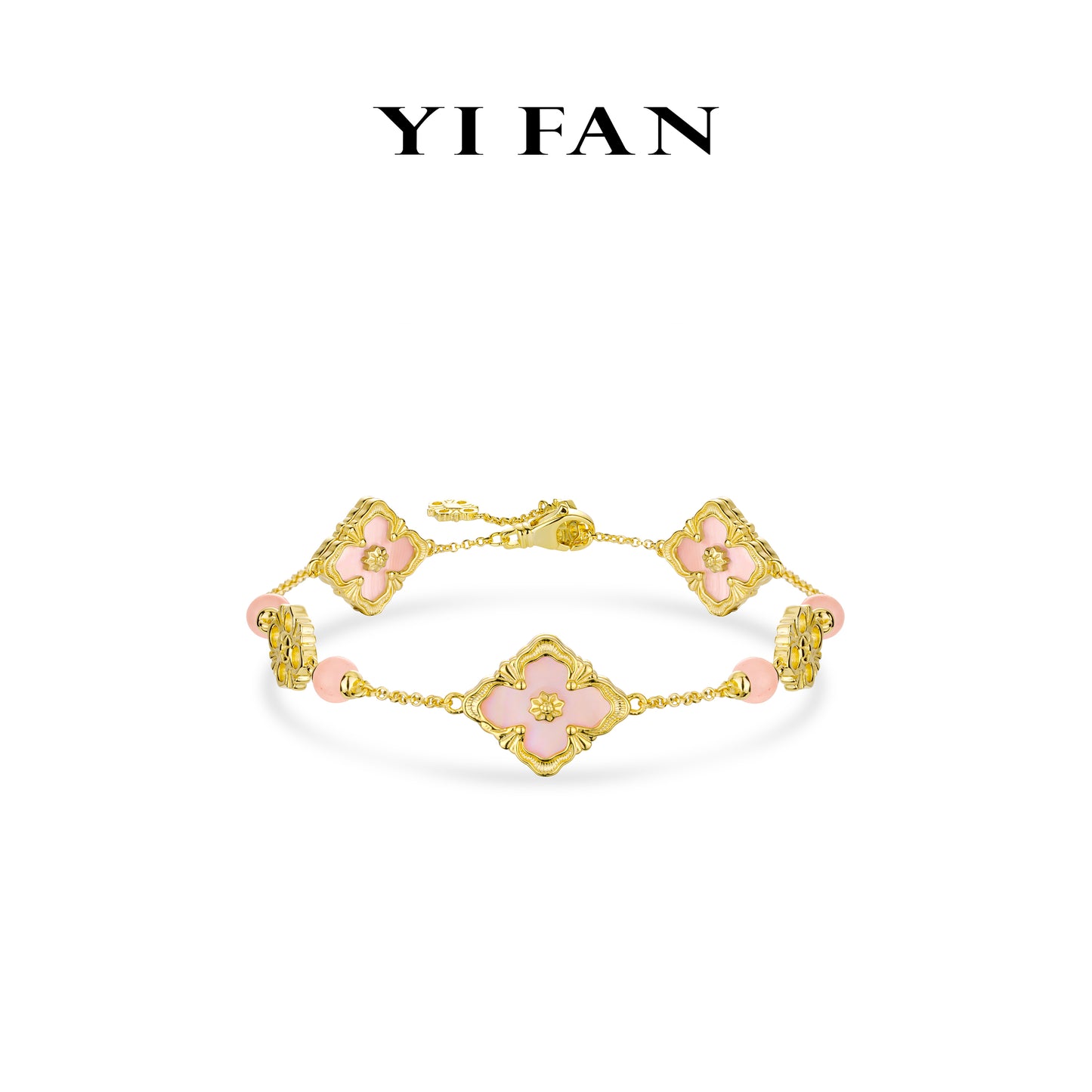 Golden time collection: Modern "Pink Mother-of-Pearl carved 4-petal Flowers" detailed Bracelet (with extension)