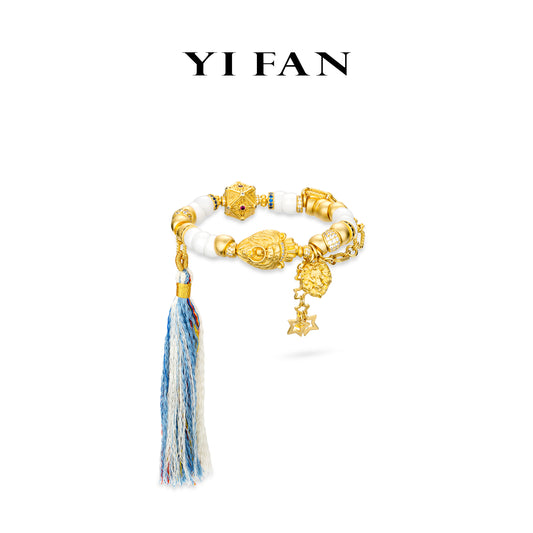 Limited High Jewelry collection: Luxury Carved "Golden Lion King with Magic Treasures" unique Bracelet with Hand-woven Vibrant cord Tassel