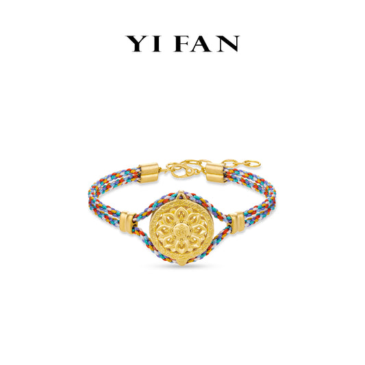 High Jewelry collection: Luxury "Golden Carved Treasure Amulet" detailed Bracelet (with unique Colorful Hand-woven string/cord)