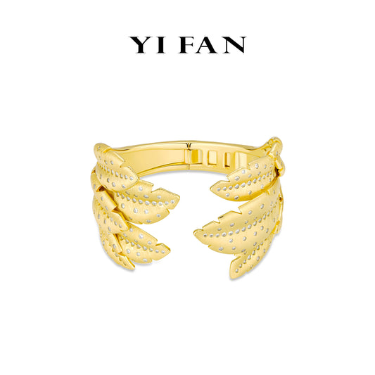 Limited High Jewelry collection: Luxury Brushed "Dazzling Angel's Golden Feather" unique open Bangle/Bracelet