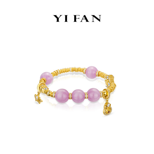 High Jewelry collection: Luxury Hand-carved "Treasure Gourd, Lotus, Ruyi, Golden nuggets" detailed elastic Purple Chalcedony Beads Bracelet