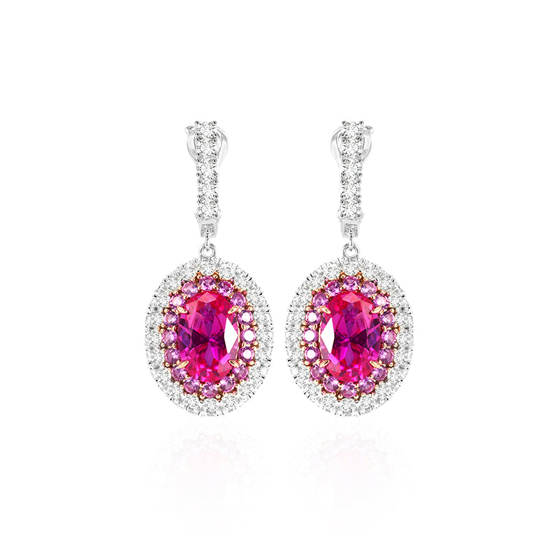 Micro-setting dark oval Pink diamond color Lab created stones Romantic Luxury dangle plug earrings, sterling silver