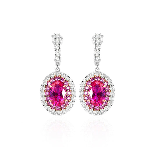 Micro-setting dark oval Pink diamond color Lab created stones Romantic Luxury dangle plug earrings, sterling silver