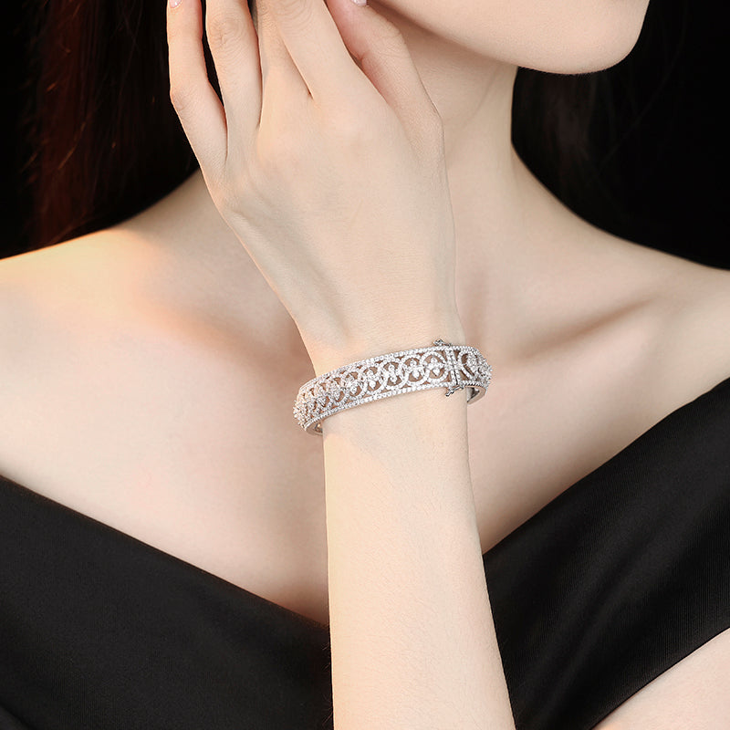 Limited edition Micro-setting Clear diamond color Lab created stones designer lace bangle, sterling silver