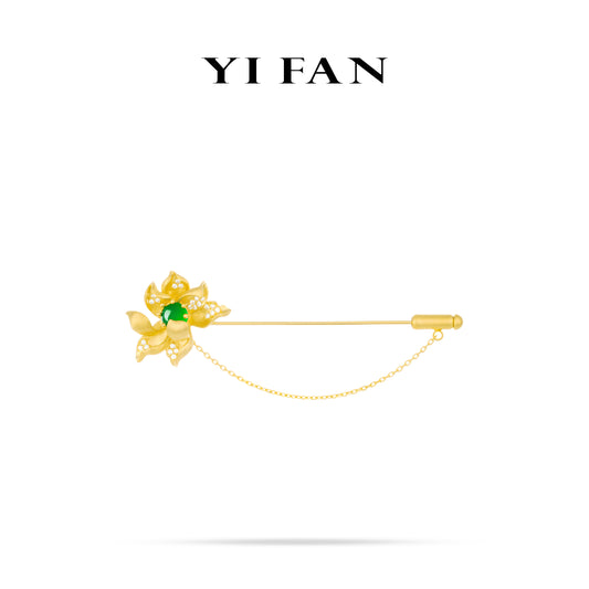 Green jade collection: Luxury "Golden brushed 3D Lotus with Green Jade" detailed Multi-purpose Brooch