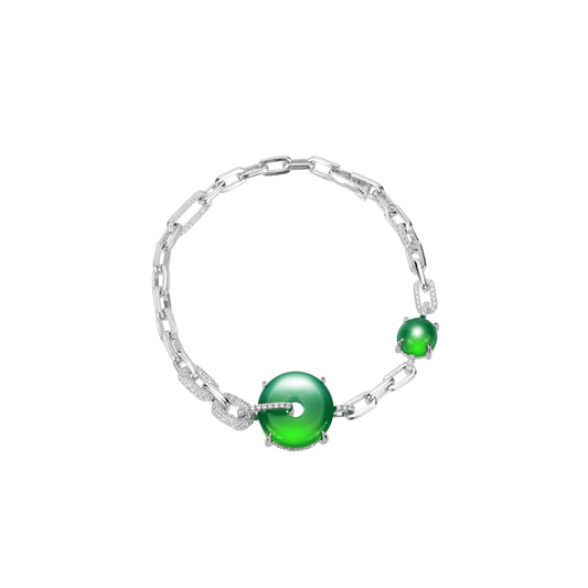 Green jadeite/chalcedony Safety Buckle "Ping An Kou" double stones modern bracelet