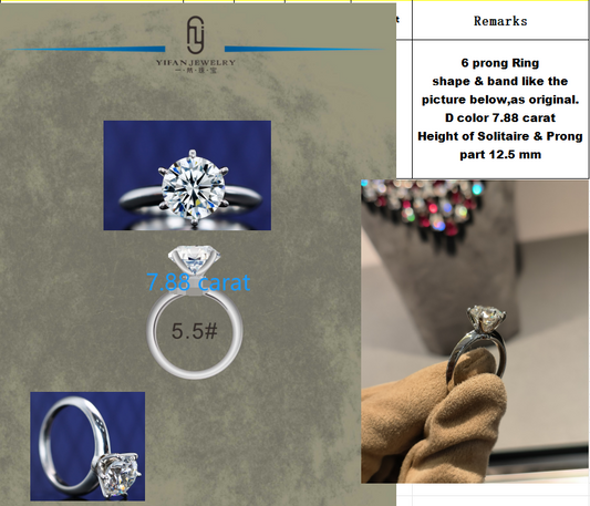 Pre-order Customized Ring for Kimci: 6 prong Round brilliant cut Solitaire 7.88 carat Ring（D color）