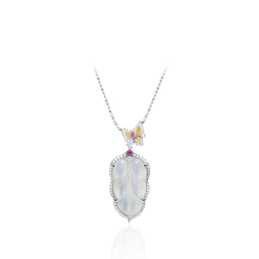 Icy chalcedony carved White Leaf detailed butterfly pendant