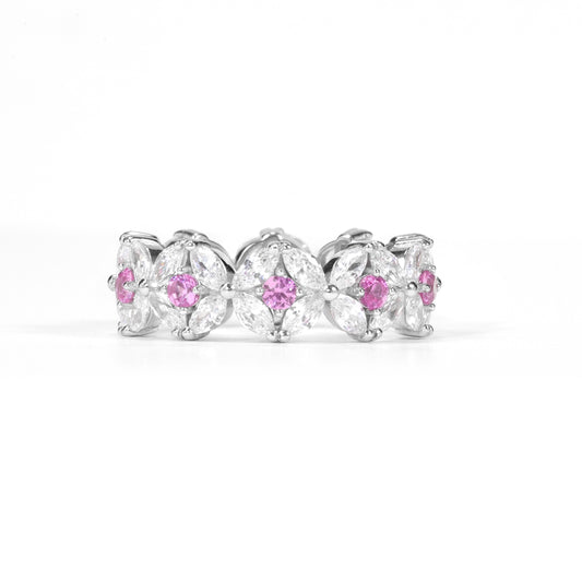 Wedding collection: Micro-setting pink and clear diamond color Lab created stones eternity band ring, sterling silver