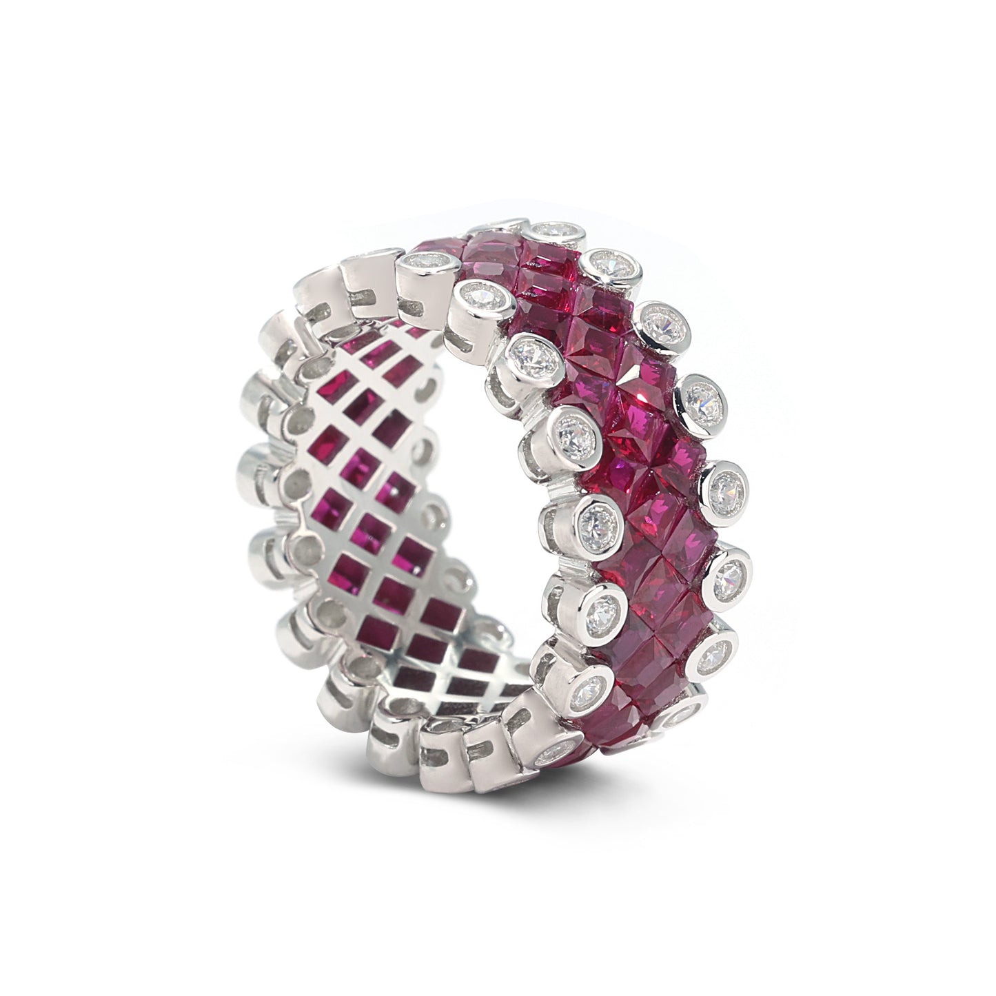 Ruby color collection: Modern "Red&White Borderless Mosaic" Wide eternity Ring