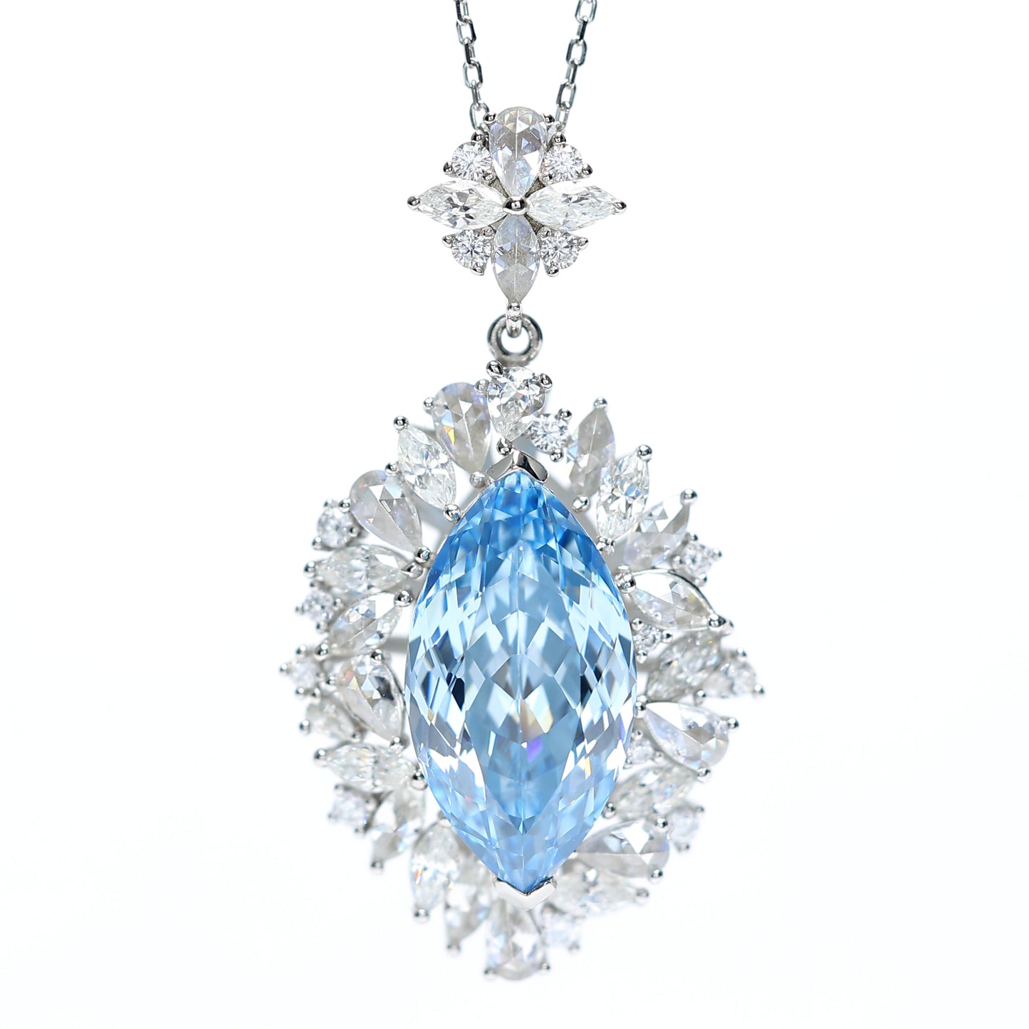 Aquamarine color collection: Luxury "Blue Marquise Frost Flower" Pendant/Necklace