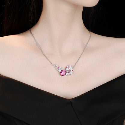 The nature collection: Micro-setting Jedi spinel color Lab created stones Romantic Camellia flower necklace, sterling silver.