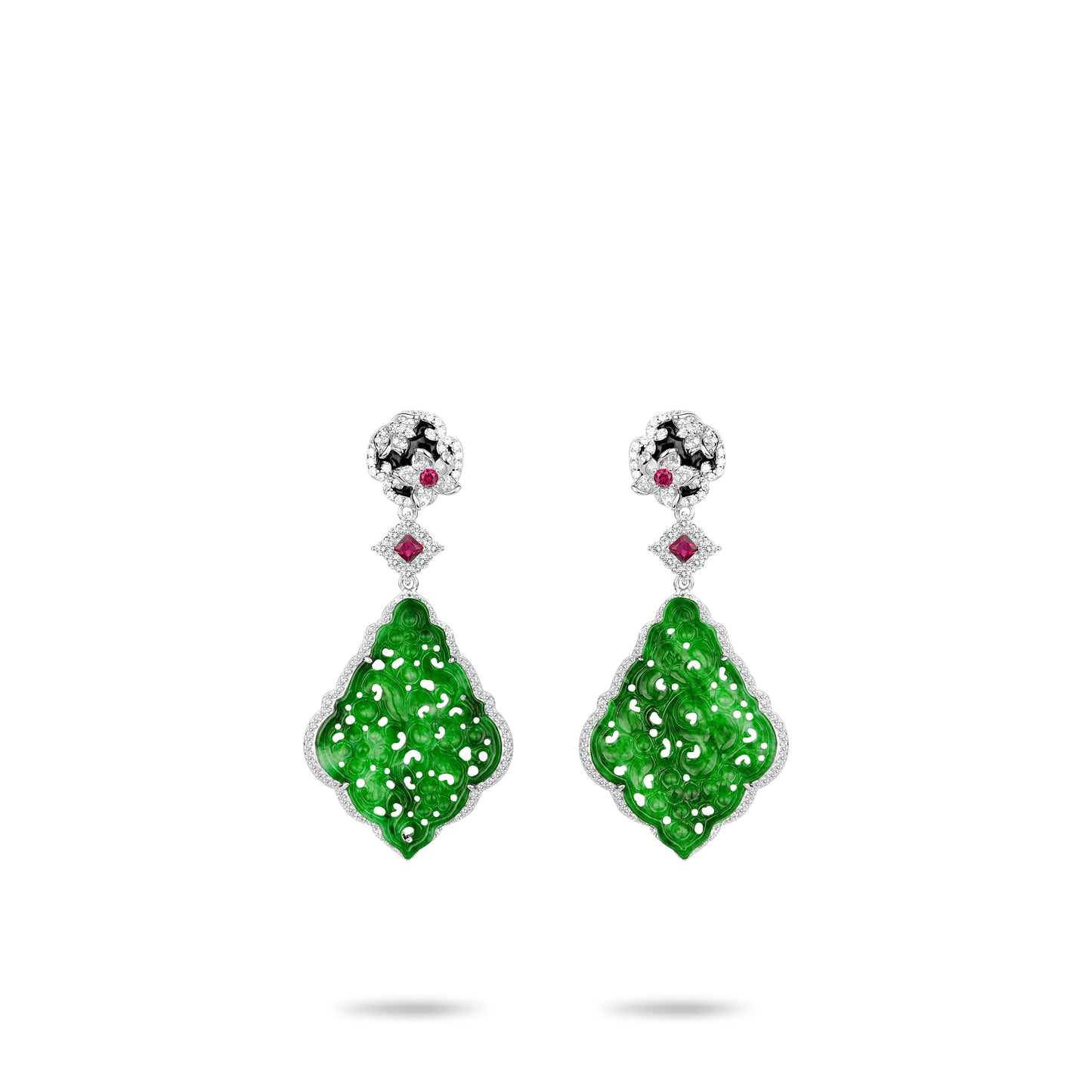 High Jewelry Collection:  Masterpiece "Muxue Rong" Premium Green Hand-Carved Jade Hollow Fan-Shaped Versatile Earrings.