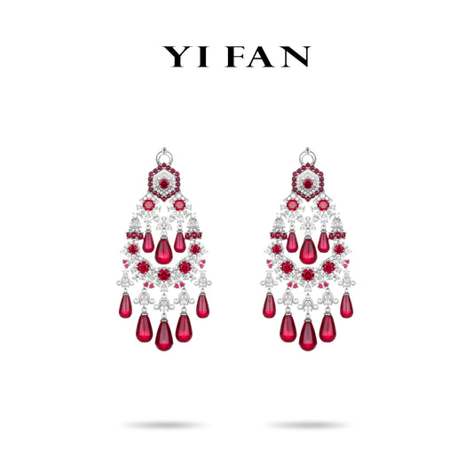 High Jewelry Ruby color collection: Luxury "Crimson Elegance Royal Opulence" detailed Banquet Earrings