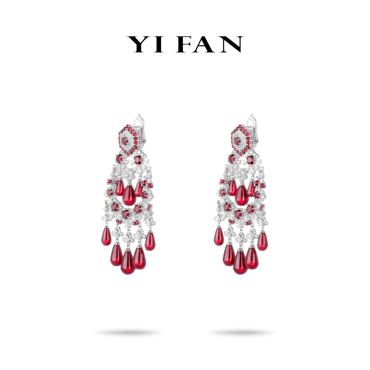 High Jewelry Ruby color collection: Luxury "Crimson Elegance Royal Opulence" detailed Banquet Earrings