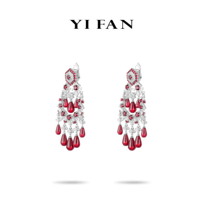 High Jewelry Ruby color collection: Luxury "Crimson Elegance Royal Opulence" detailed Banquet Earrings