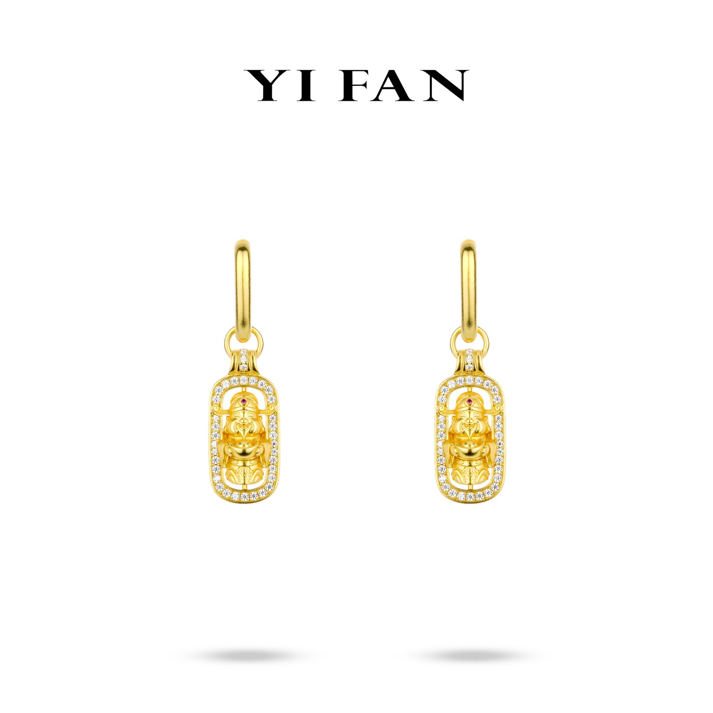 Divine Blessing Collection: Hand carved "Golden The God of Wealth" detailed Dangle Earrings