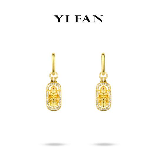 Divine Blessing Collection: Hand carved "Golden The God of Wealth" detailed Dangle Earrings