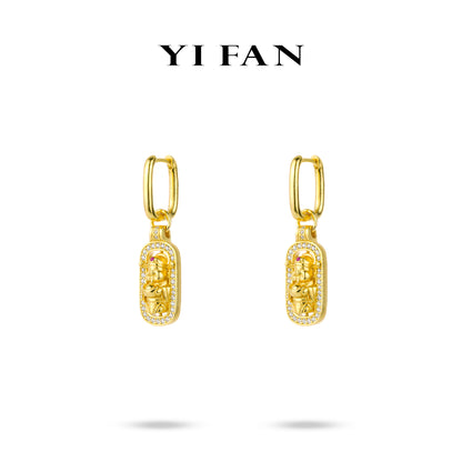 Divine Blessing Collection: Hand carved "Golden The God of Wealth" detailed Dangle Earrings