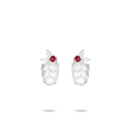 Luxury Icy  Burmese Jade Red dot "Leaf" Earrings